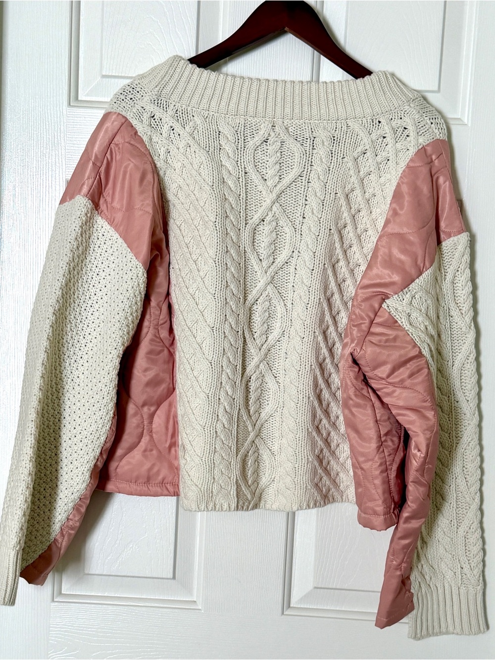 POL Cream Cable Knit Cardigan Quilted Pink Satin Patchwork Button Front Size M - Picture 4 of 15